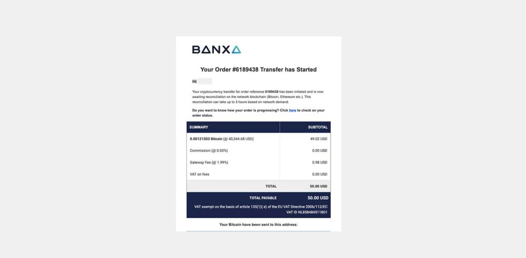 Banxa Transfer notification