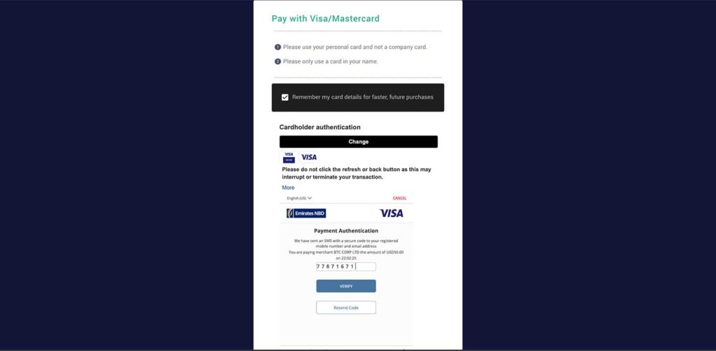 Banxa payment form, visa and mastercard