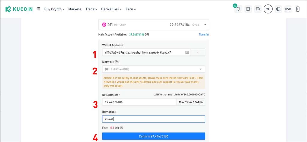 transfer DFI tokens from KuCoin to Cake or ChainDeFi