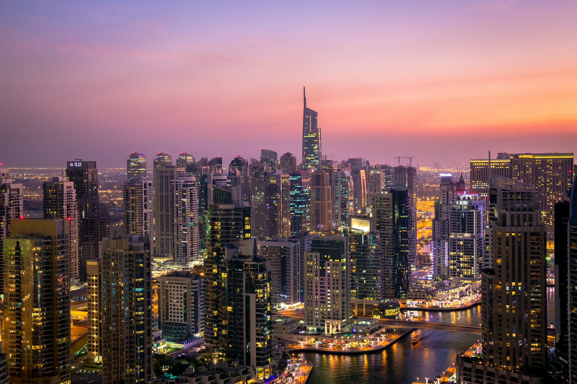 aerial view of city lit up at night